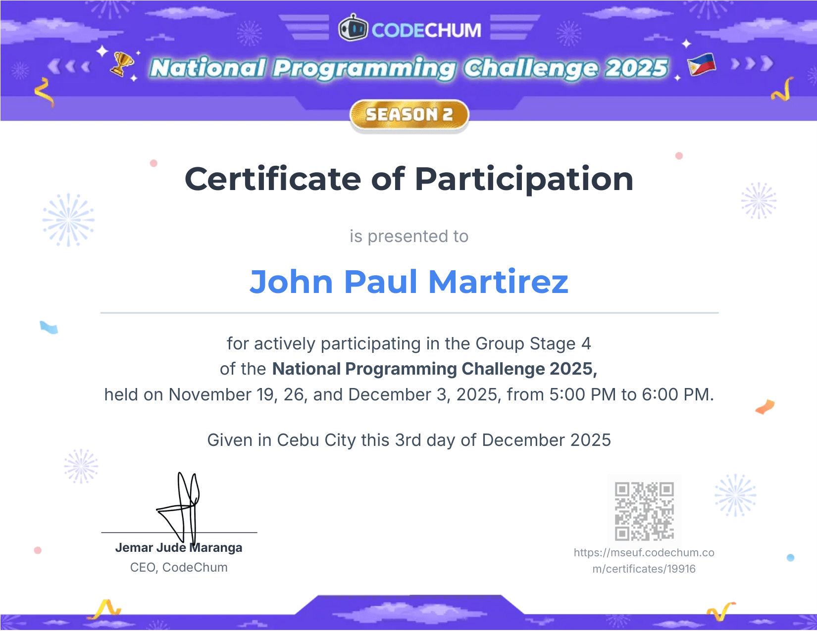 Certificate of Participation – National Programming Challenge 2025