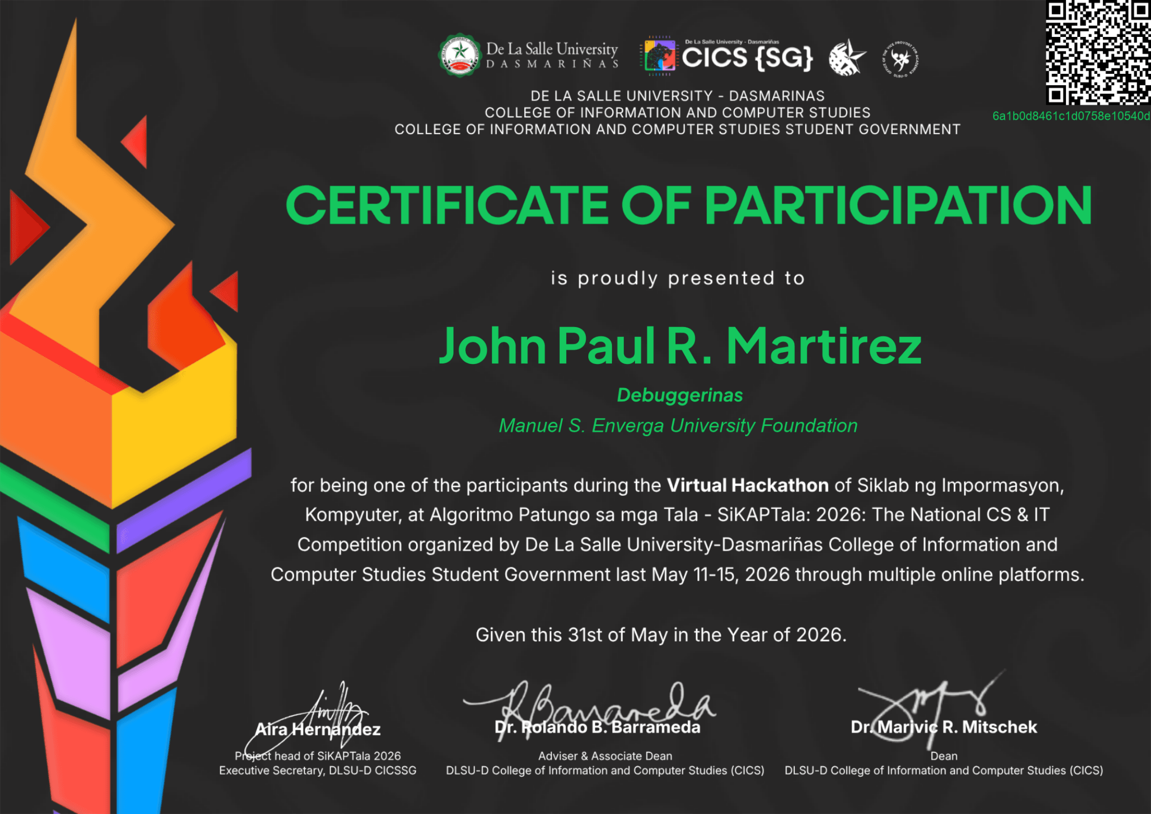 Certificate of Participation – SiKAPTala 2026 Virtual Hackathon