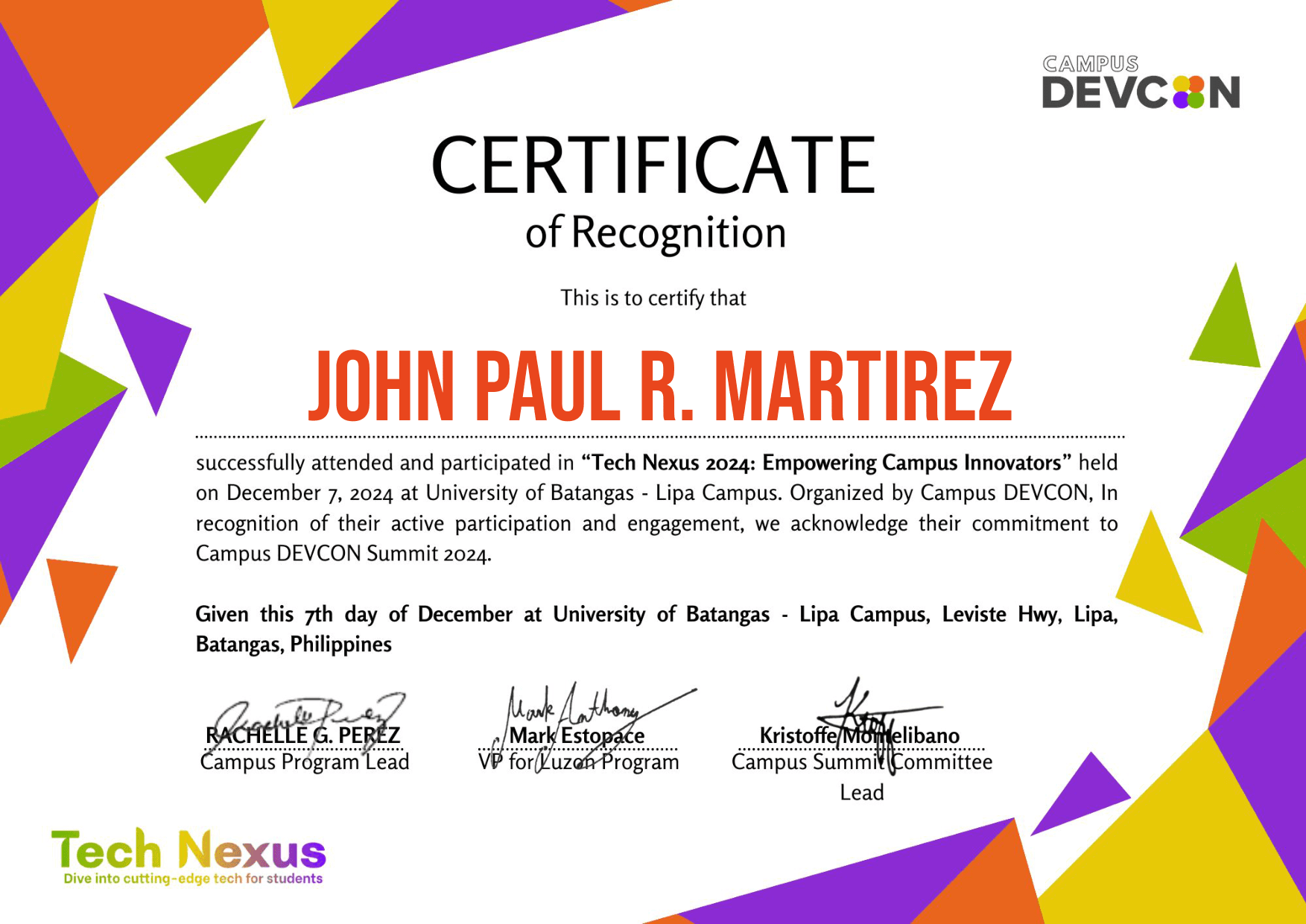 Certificate of Recognition – Tech Nexus 2024: Empowering Campus Innovators
