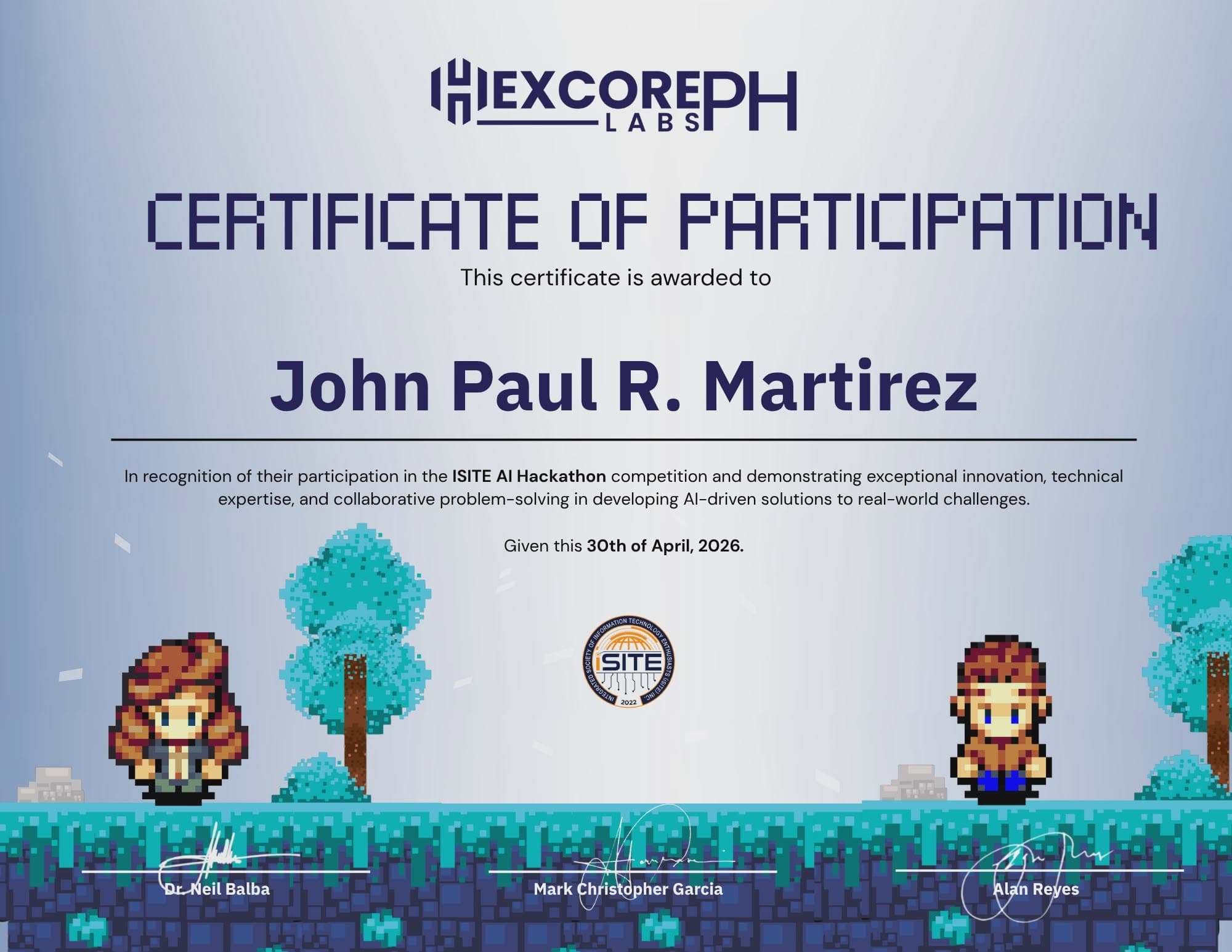 Certificate of Participation – iSITE AI Hackathon