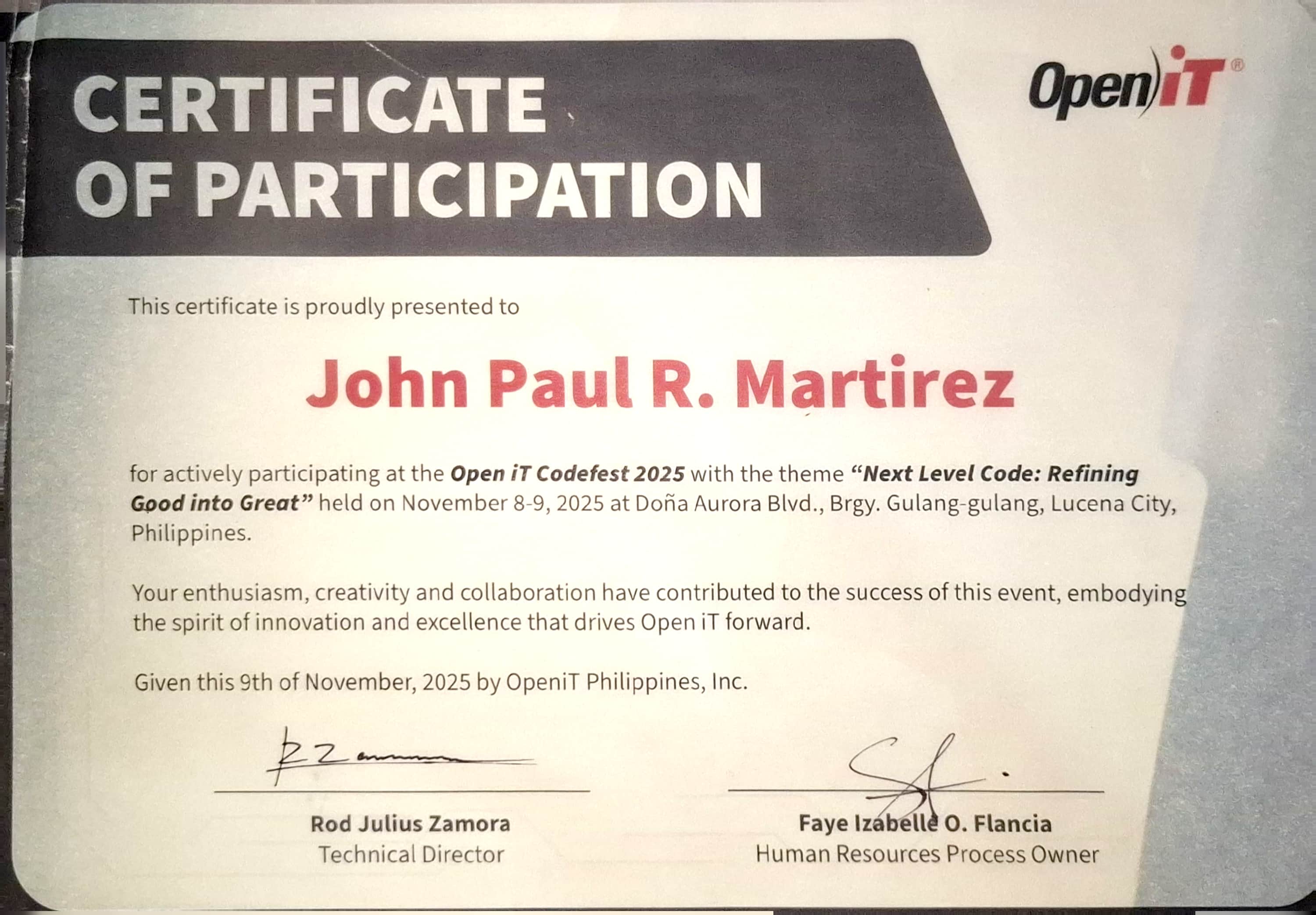 Certificate of Participation – Open iT Codefest 2025